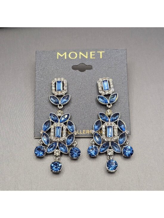Monet Jewelry - Monet Blue Chandelier Earrings Silver Tone Crystal Rhinestone Wedding Event 2.5"